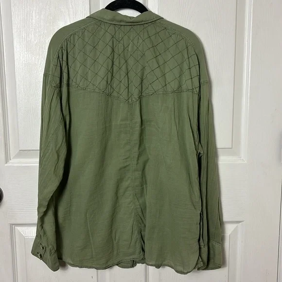 Free People We the Free Green Quilted Stitch Yoke Button up-shirt button down - Picture 3 of 14